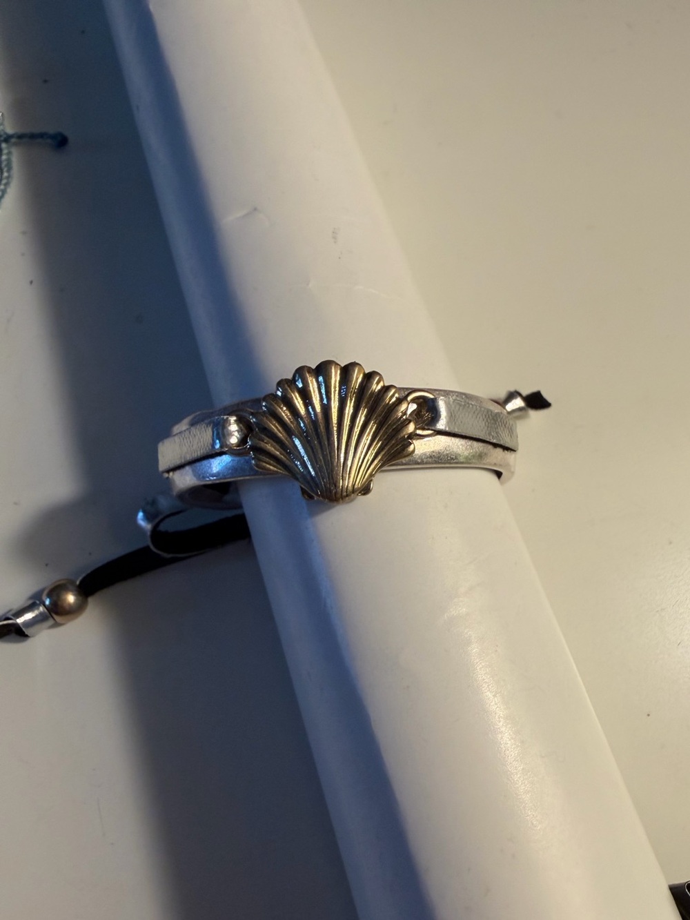 Coastal beachy preppy seashell two tone silver gold adjustable cuff bracelet